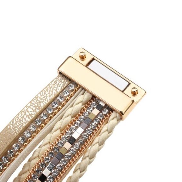 GOLD HEART MULTI LAYER LEATHER RESIN STONE & DIAMOND MAGNETIC CLOSURE BRACELET - Picture 7 of 11